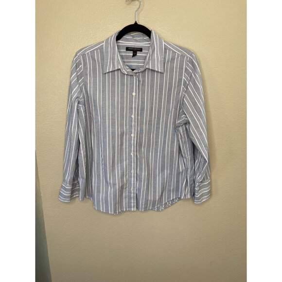 Banana Republic Womens Blue Striped Blouse LP Cotton Long Sleeve  Button-Up - Picture 1 of 6